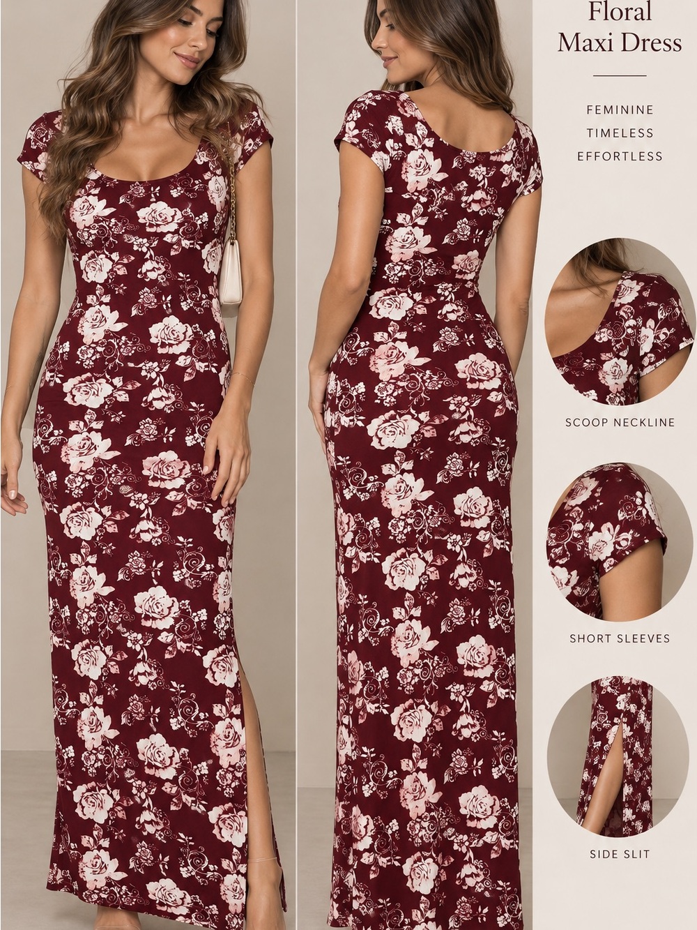 Scoop-Neck Burgundy Floral Maxi Dress